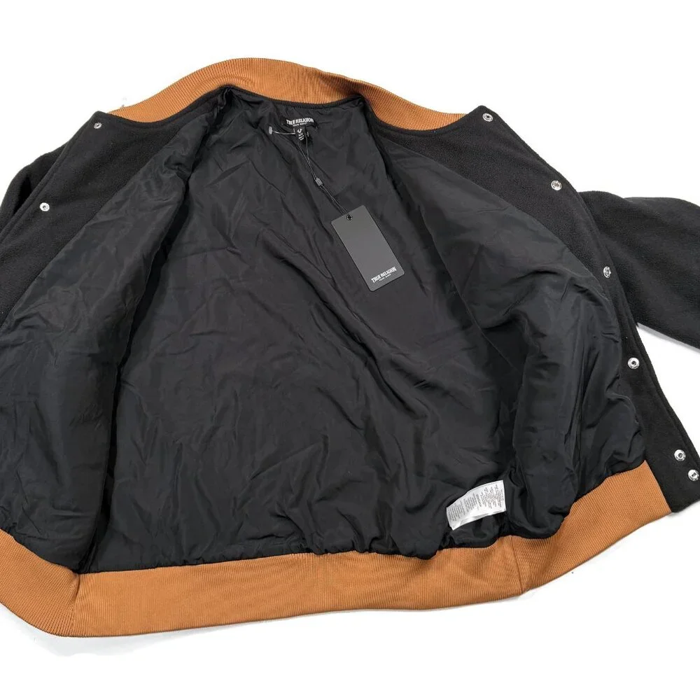 True Religion Black Fleece Bomber Jacket Mens Medium Embossed Logo Snap NWT‎